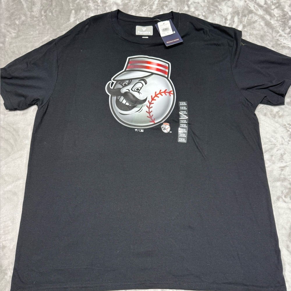 Fanatics Cincinnati Reds Black S-Sleeve Tee w Smiling Baseball Cotton 2XL--NWT